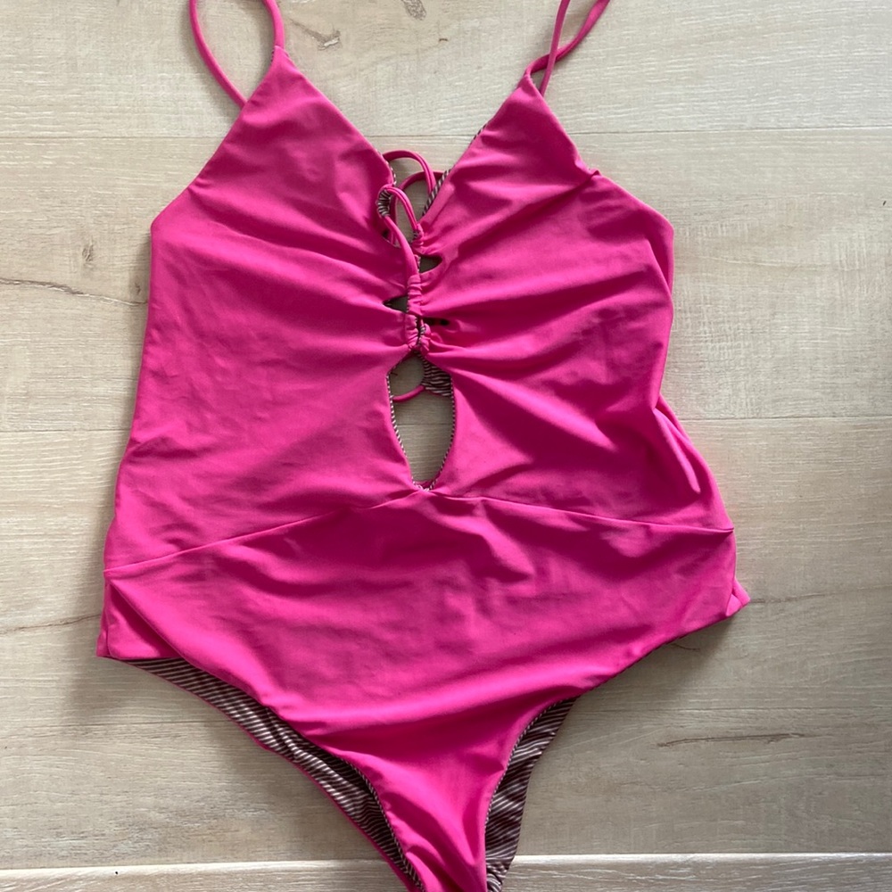 COPY - One Piece Swim Suit reversible pink and brown and white stripes